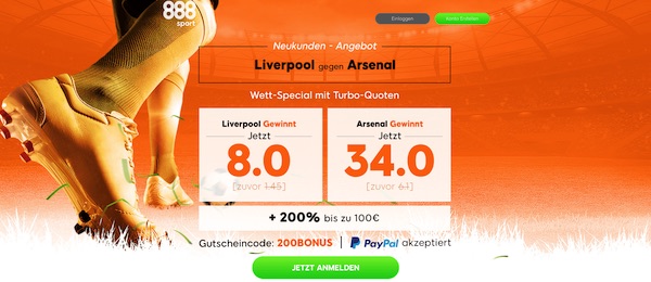 888sport Wetten Mit Top Quoten 8 0 Auf Liverpool Oder 34 0 Auf Arsenal