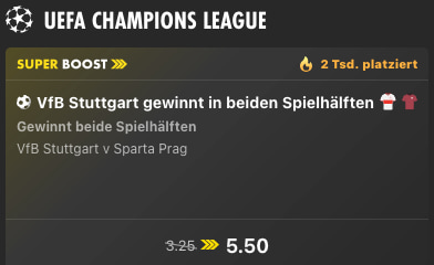 Quote 5.50 auf VfB Stuttgart gewinnt beide Hälften vs. Sparta Prag (bet365)